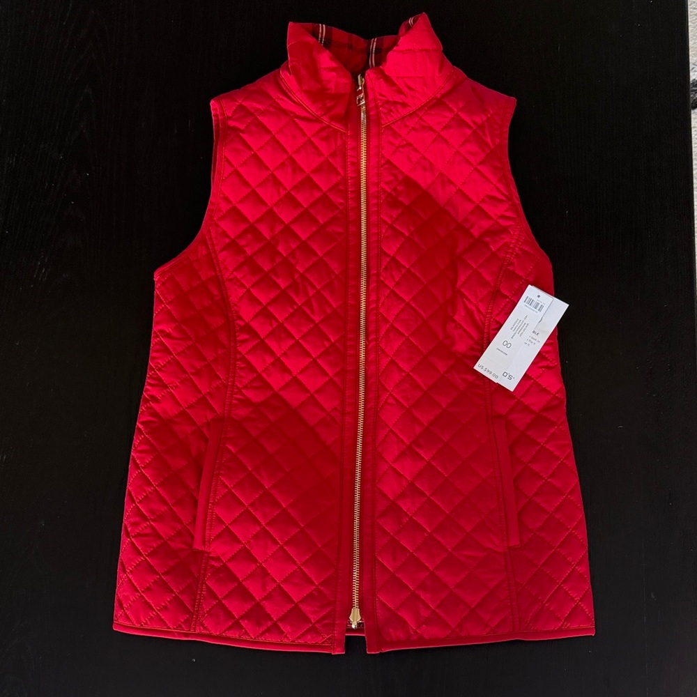 Chico's Quilted Bright Red Sleeveless Vest with Gold Zip